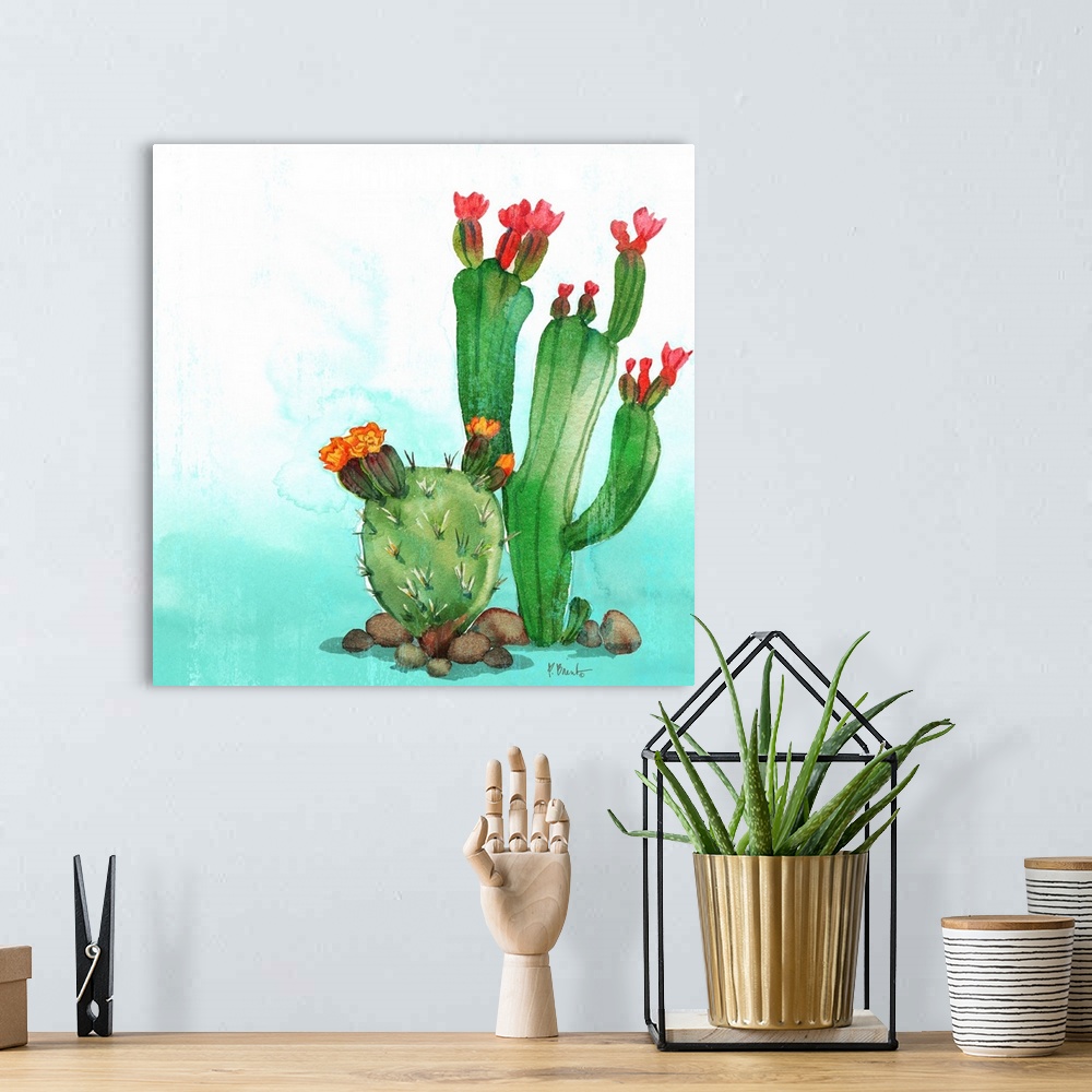 A bohemian room featuring Square watercolor painting of cacti on a light blue and white background.