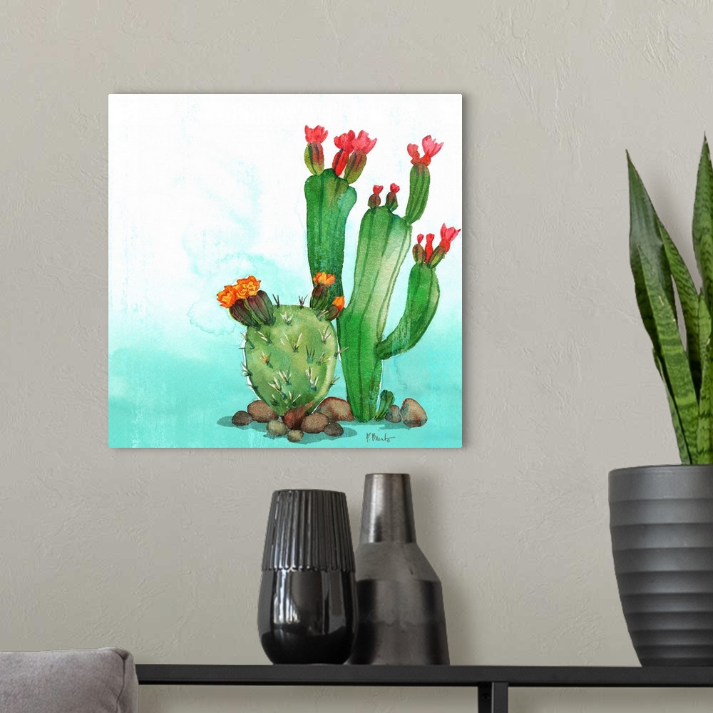 A modern room featuring Square watercolor painting of cacti on a light blue and white background.