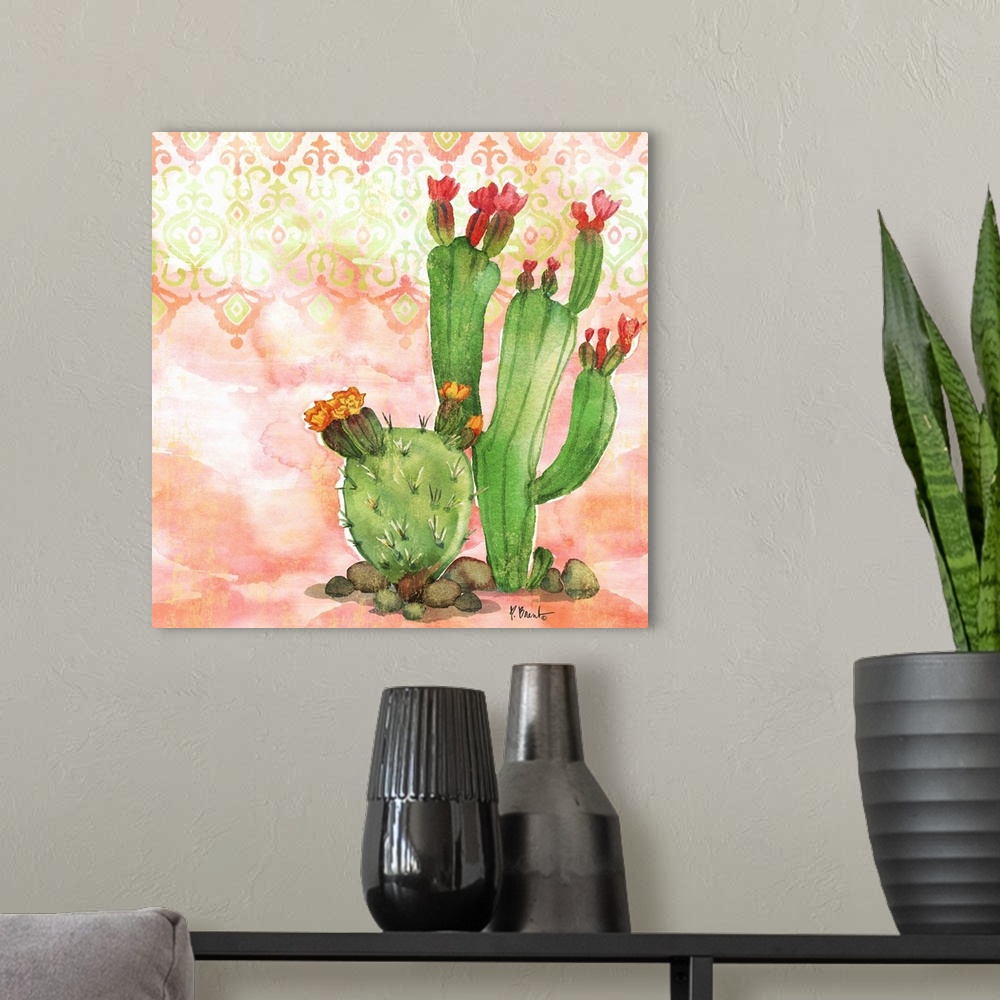 A modern room featuring Square watercolor painting of cacti on a light coral and green patterned background.