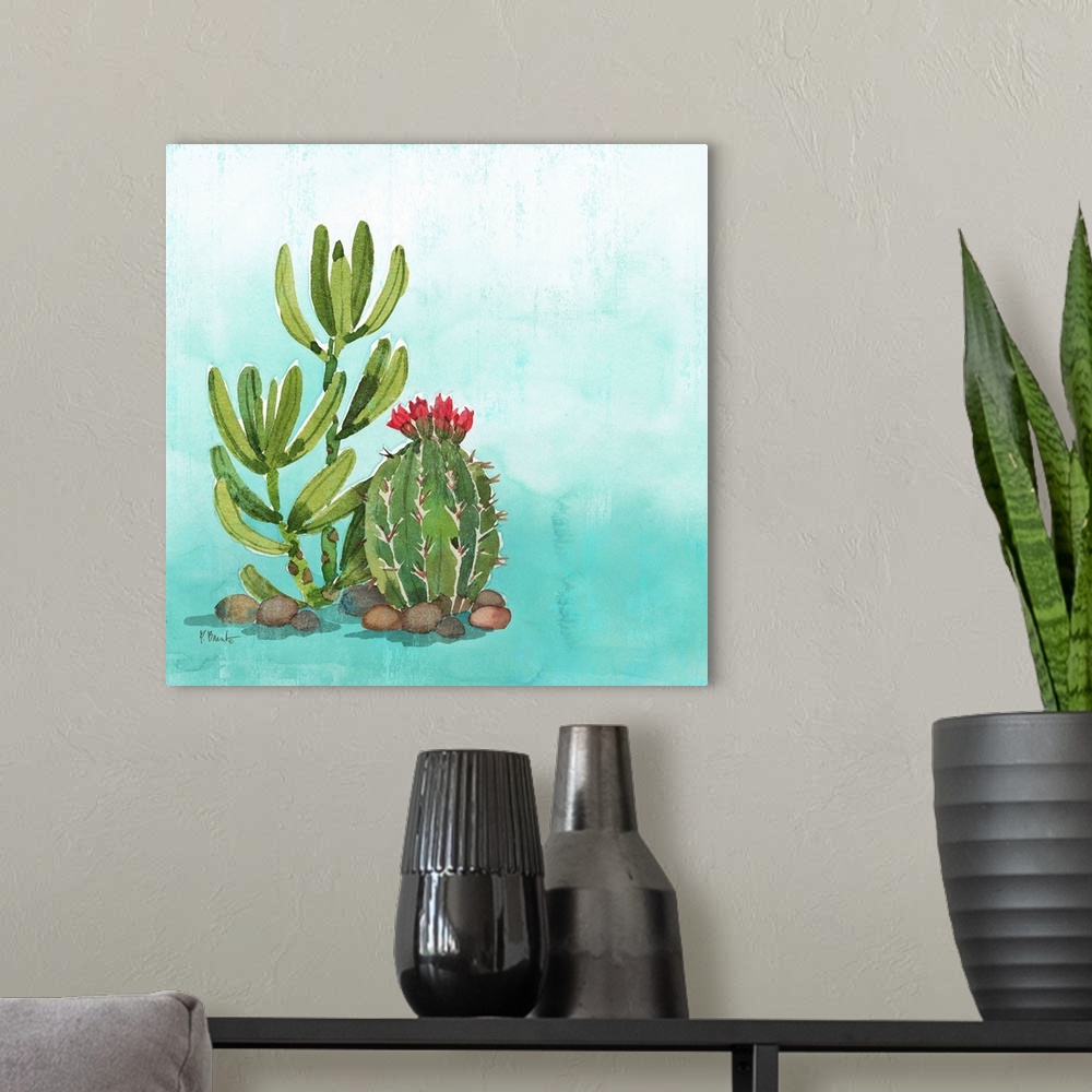 A modern room featuring Square watercolor painting of cacti on a light blue and white background.