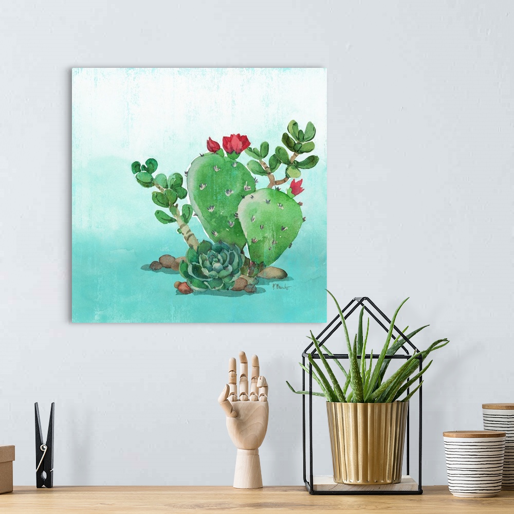 A bohemian room featuring Square watercolor painting of cacti and a succulent on a light blue and white background.