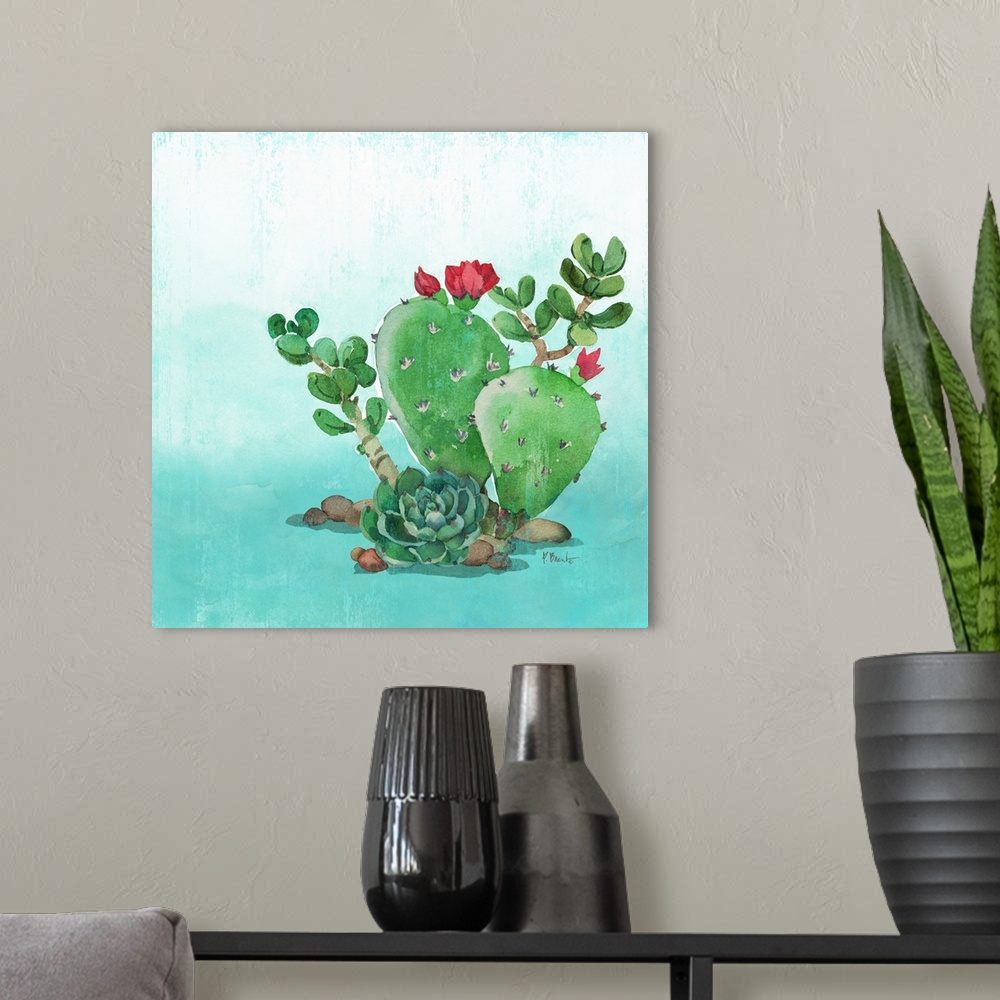 A modern room featuring Square watercolor painting of cacti and a succulent on a light blue and white background.