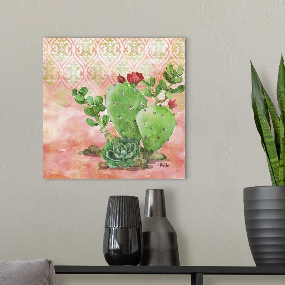 A modern room featuring Square watercolor painting of cacti and a succulent on a light coral and green patterned background.
