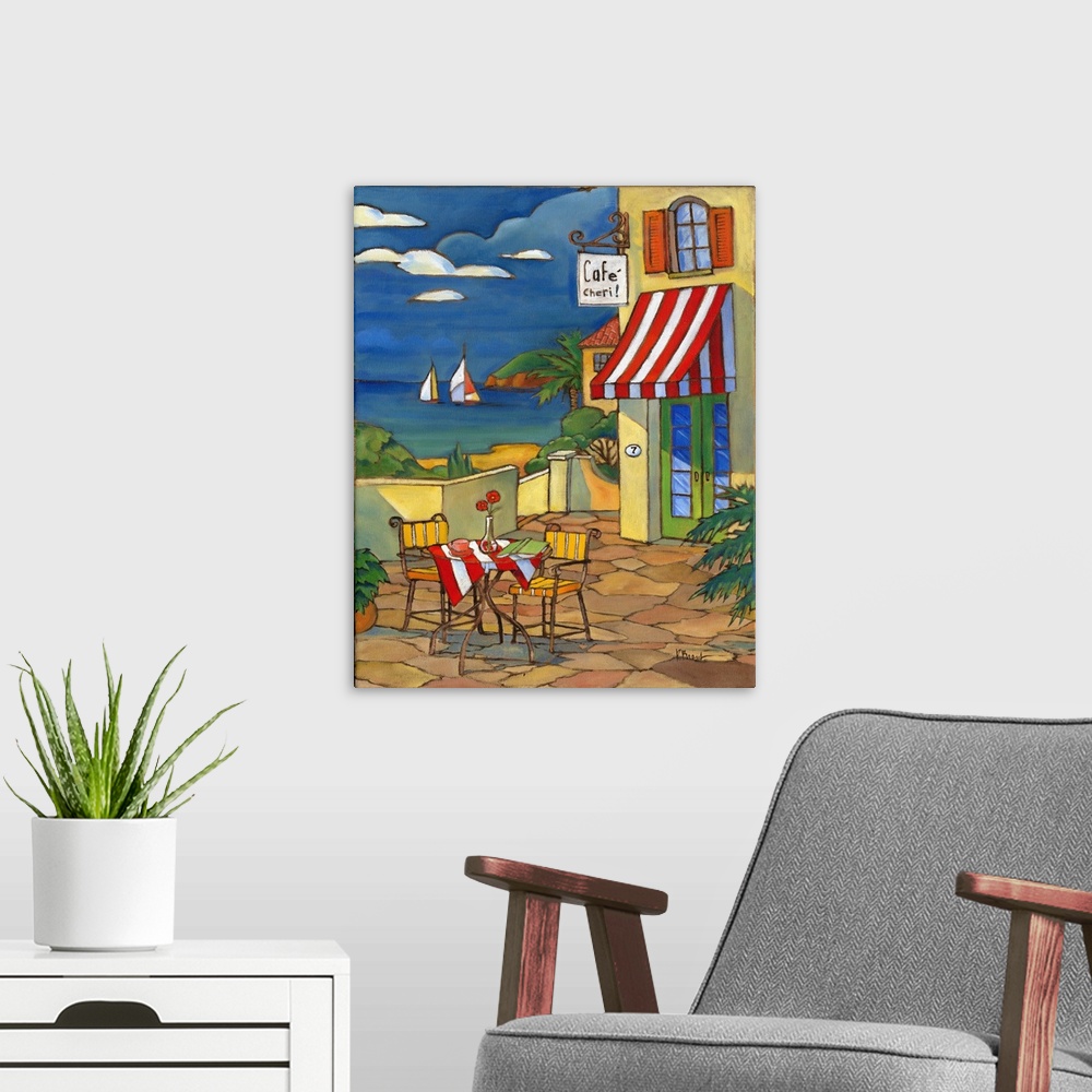 A modern room featuring Illustration of a cafe in France by the sea, with a striped awning.