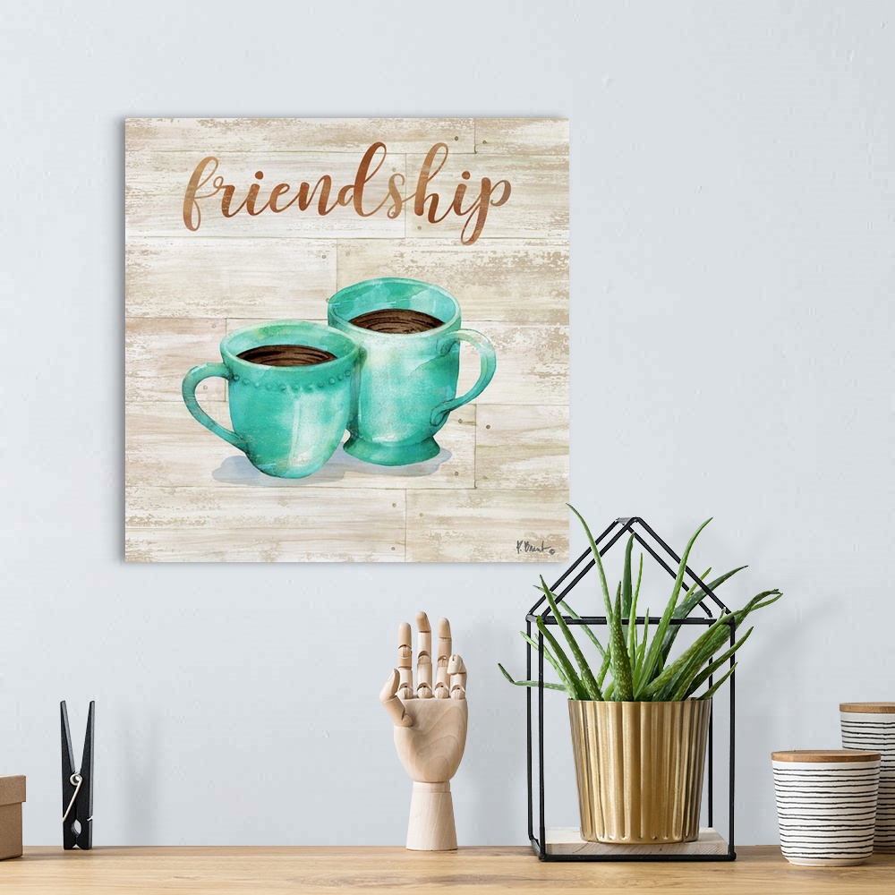 A bohemian room featuring Square decor with two mugs of coffee on a faux wood background with "friendship" written at the top.