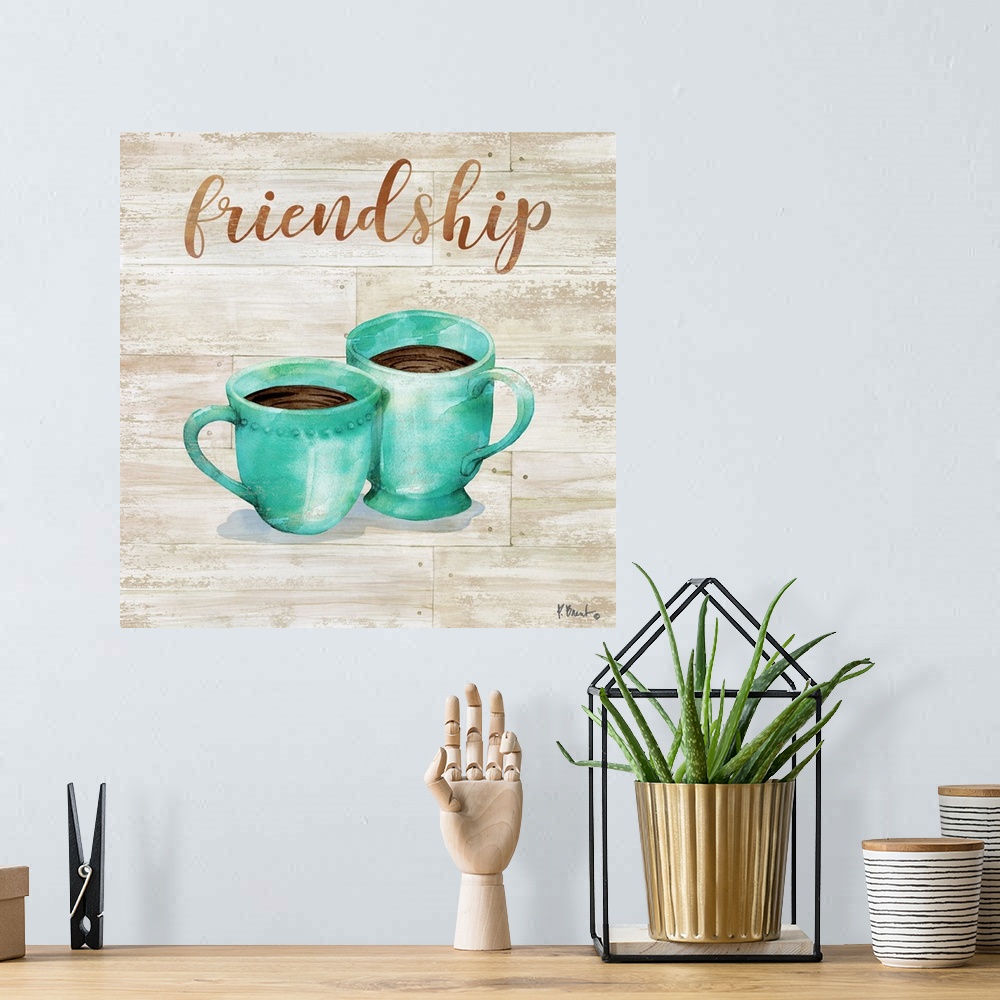 A bohemian room featuring Square decor with two mugs of coffee on a faux wood background with "friendship" written at the top.