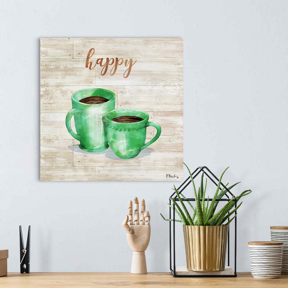 A bohemian room featuring Square decor with two mugs of coffee on a faux wood background with "happy" written at the top.
