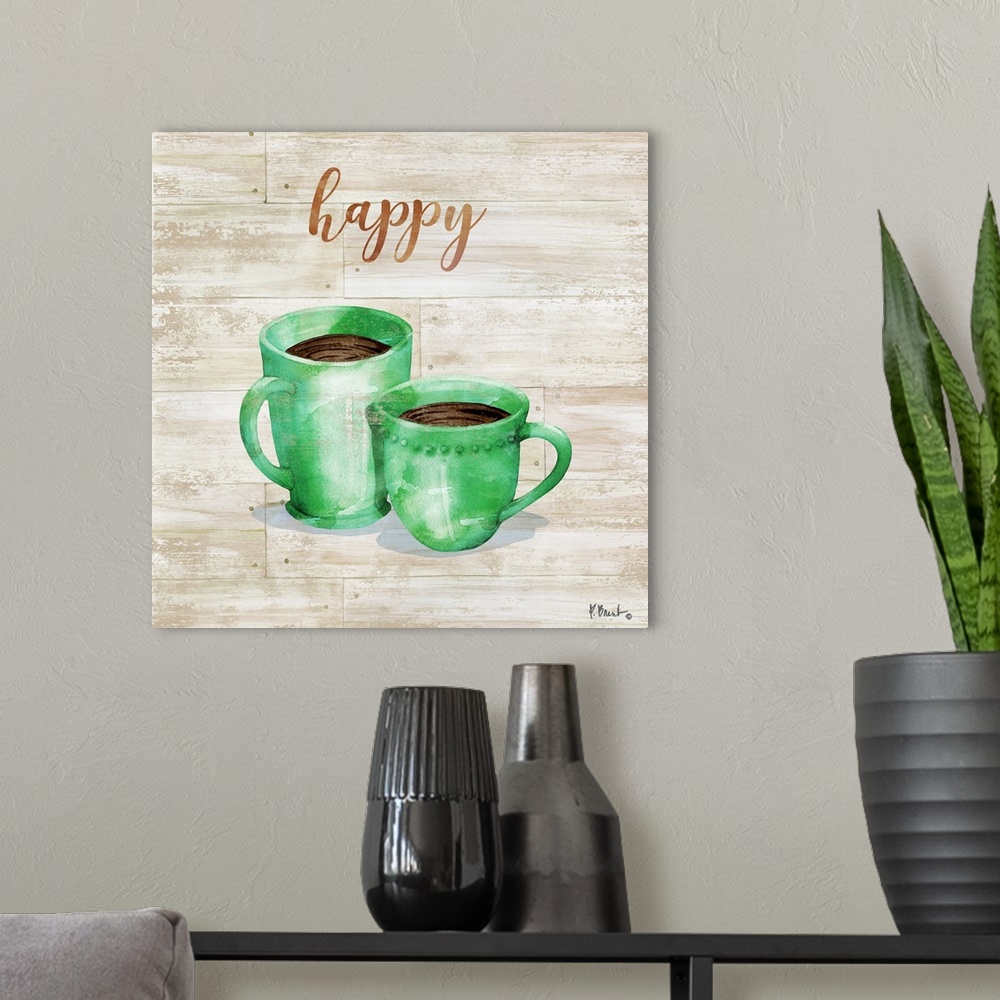 A modern room featuring Square decor with two mugs of coffee on a faux wood background with "happy" written at the top.