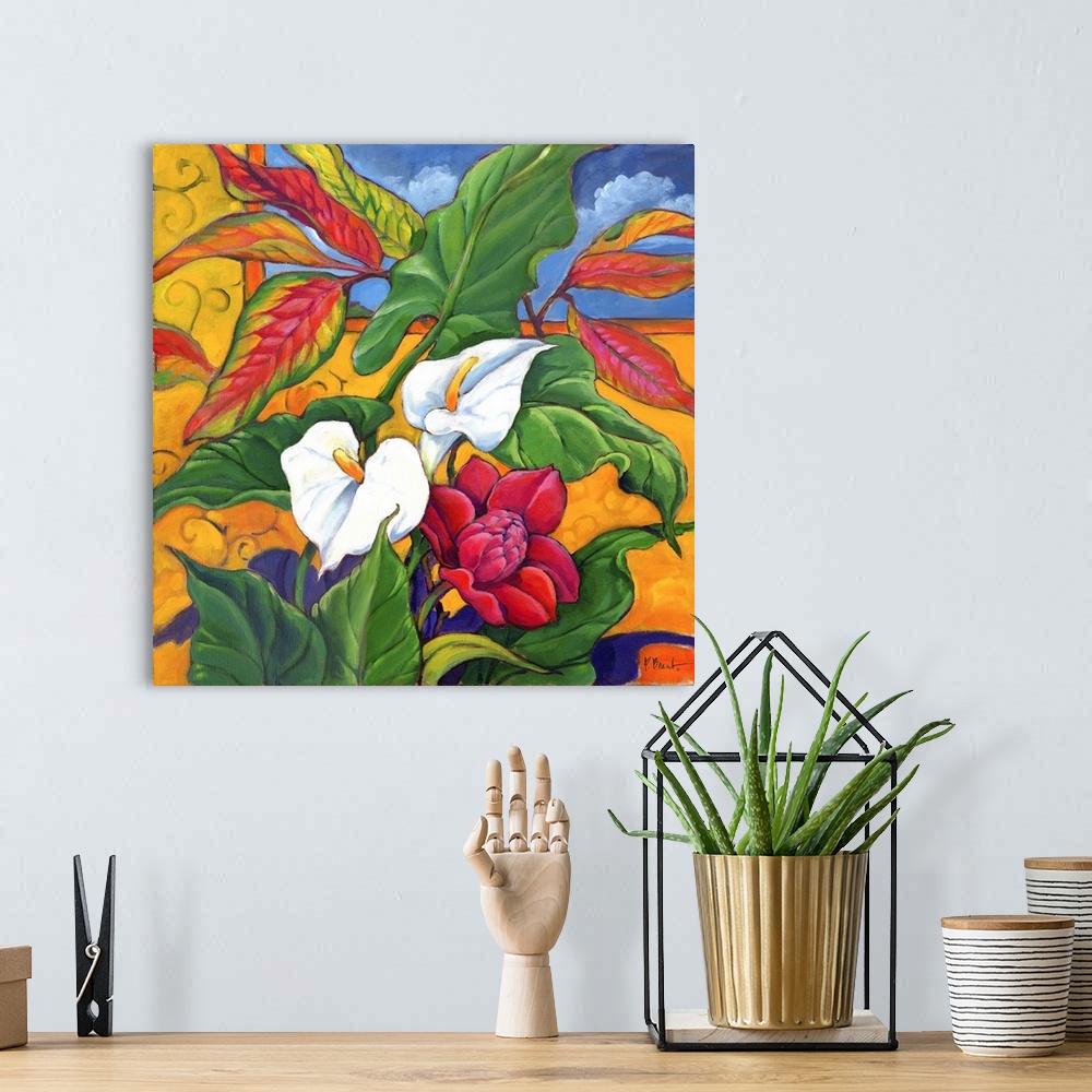 A bohemian room featuring Still life painting of an arrangement of flowers and leaves, including lilies and ginger blossoms.