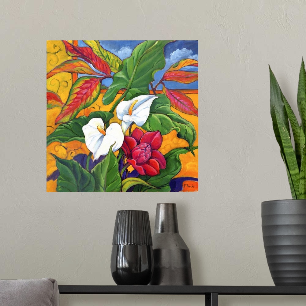 A modern room featuring Still life painting of an arrangement of flowers and leaves, including lilies and ginger blossoms.