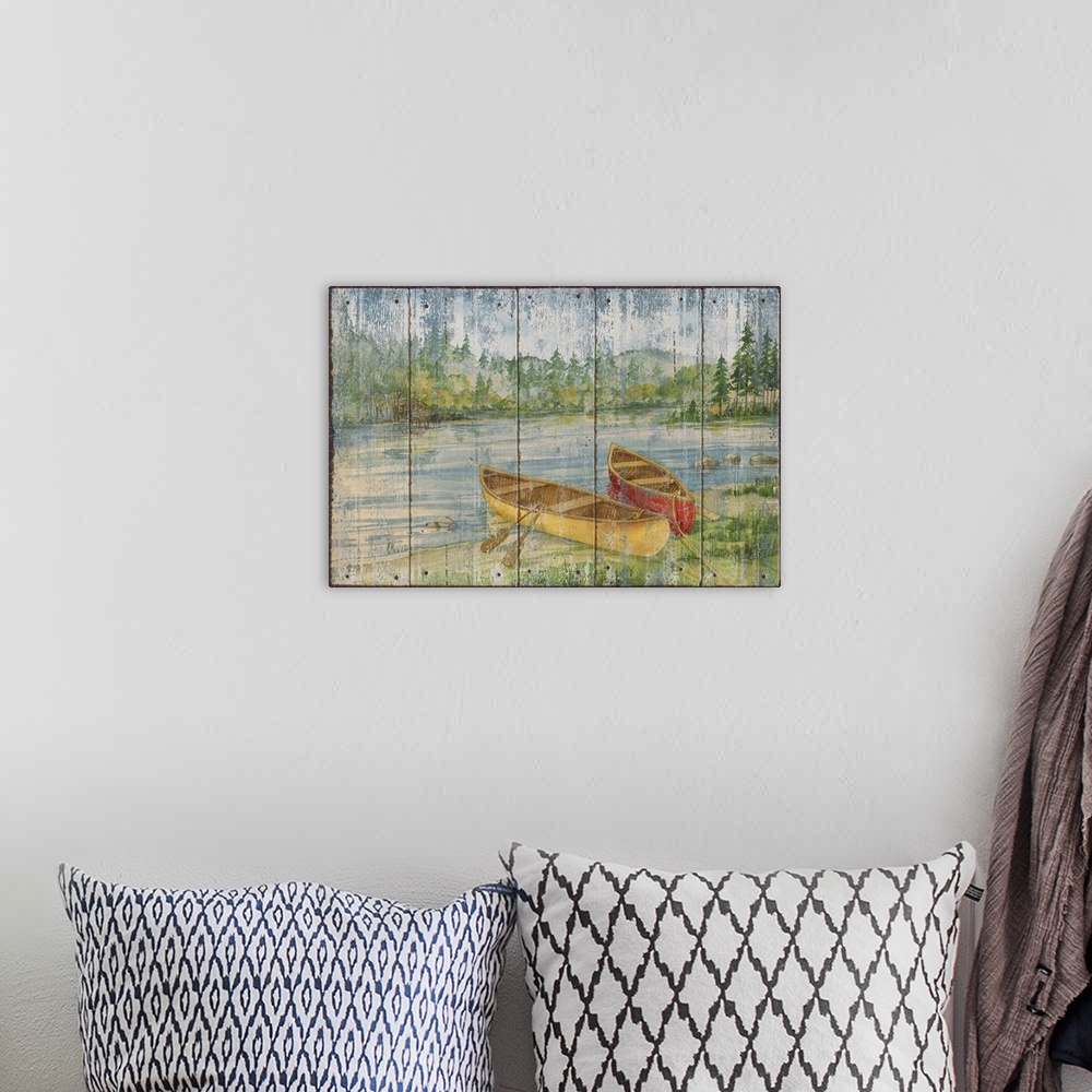 A bohemian room featuring Rustic-style painting of two canoes with oars on the edge of a shallow river, done on wood panels.