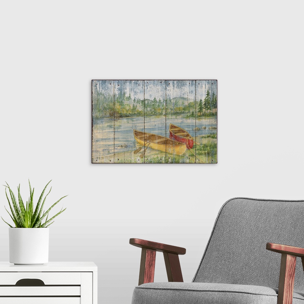 A modern room featuring Rustic-style painting of two canoes with oars on the edge of a shallow river, done on wood panels.