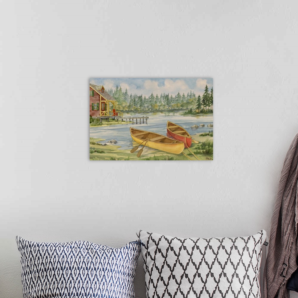 A bohemian room featuring Contemporary artwork of two canoes on the shore near a cabin in the woods.