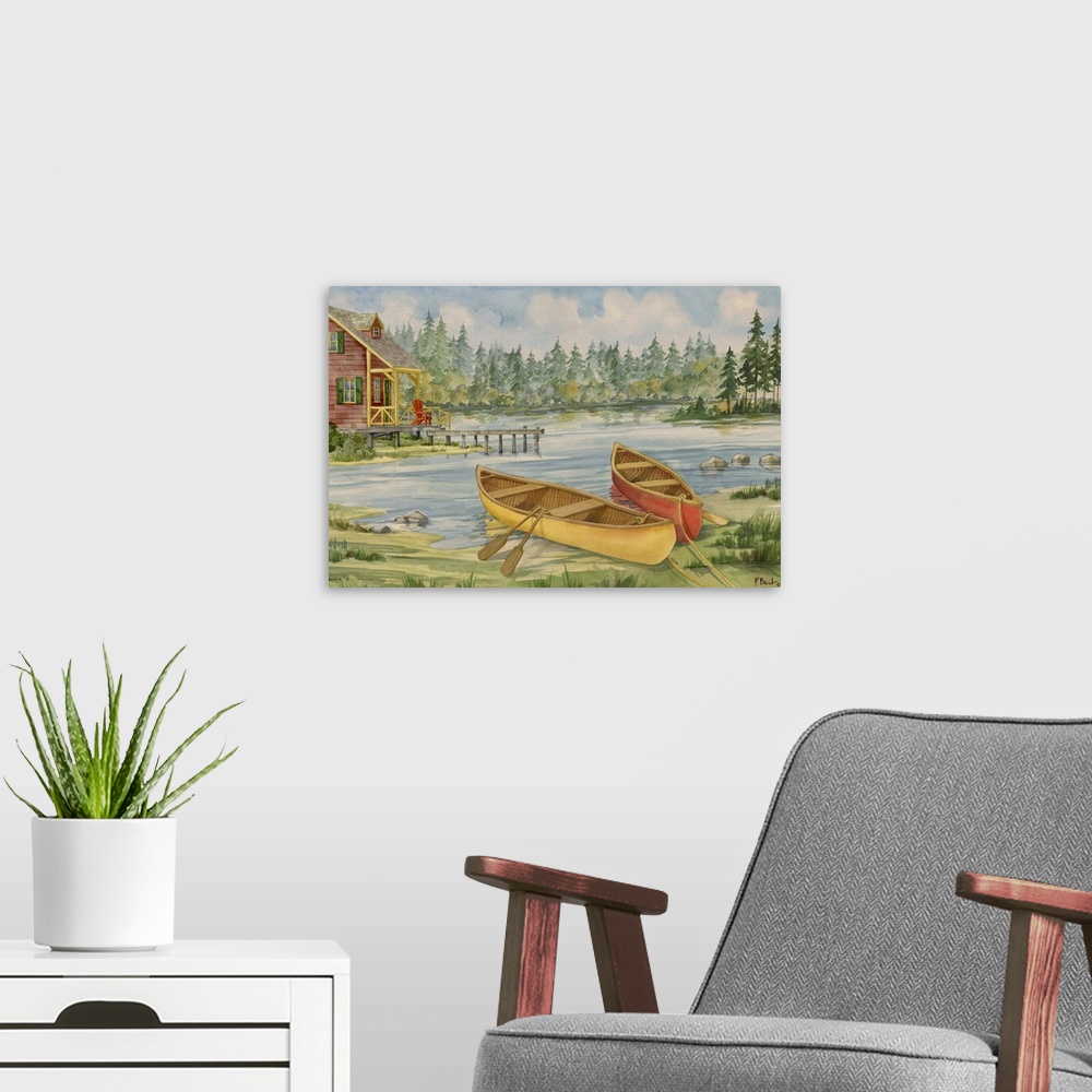 A modern room featuring Contemporary artwork of two canoes on the shore near a cabin in the woods.