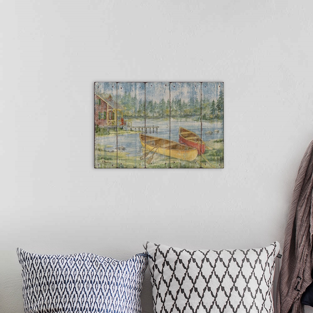 A bohemian room featuring Contemporary artwork of two canoes on the shore near a cabin in the woods on a textured panel bac...