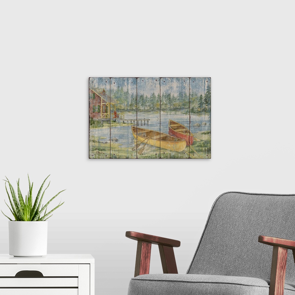 A modern room featuring Contemporary artwork of two canoes on the shore near a cabin in the woods on a textured panel bac...