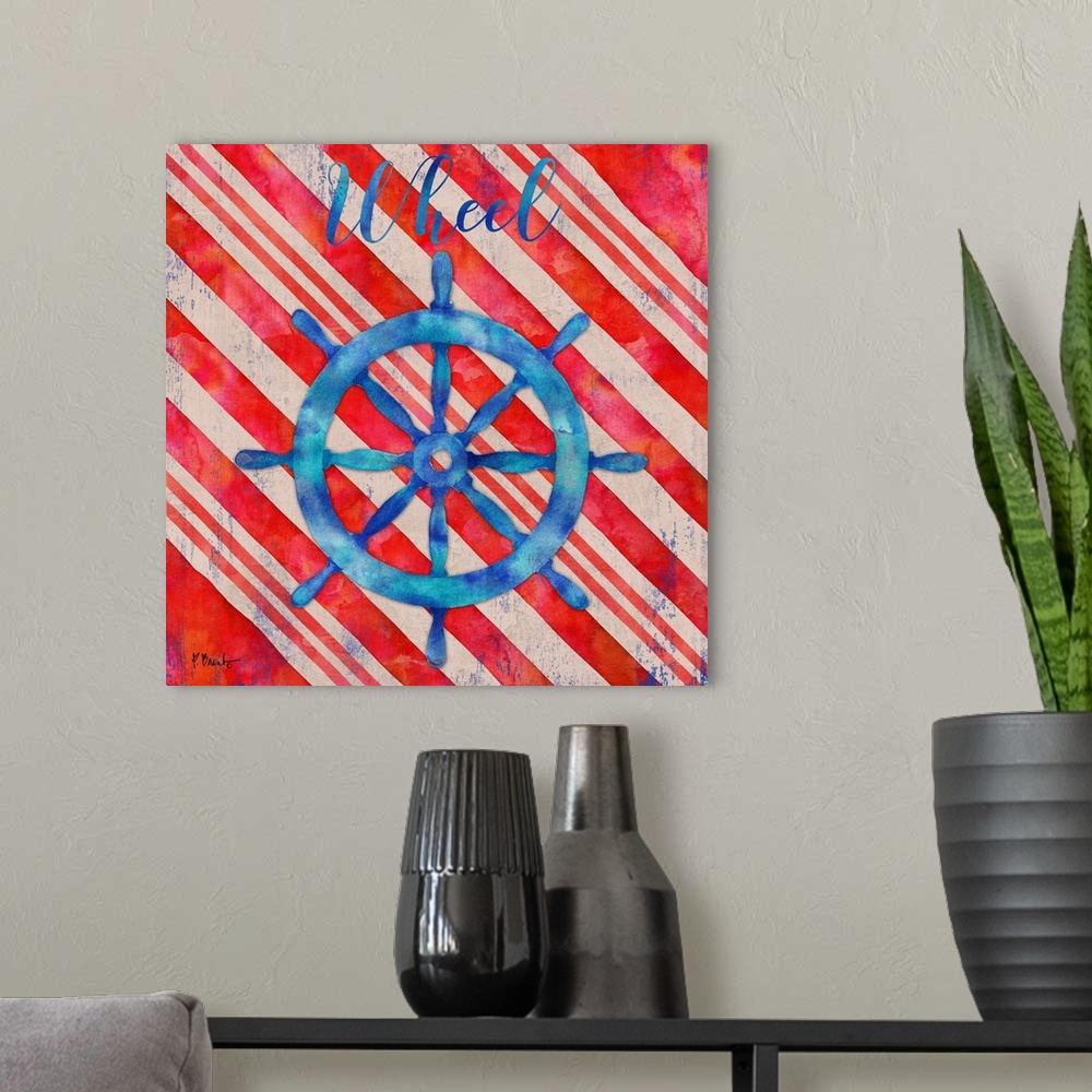 A modern room featuring Square nautical decor in red, white, and blue with an illustrated ship wheel in the center and "W...