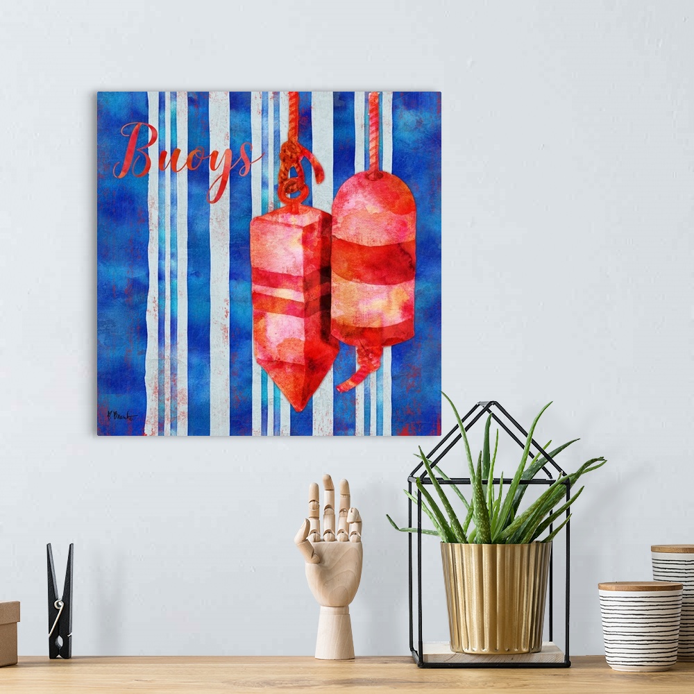 A bohemian room featuring Square nautical decor in red, white, and blue with illustrated buoys in the center and "Buoys" wr...