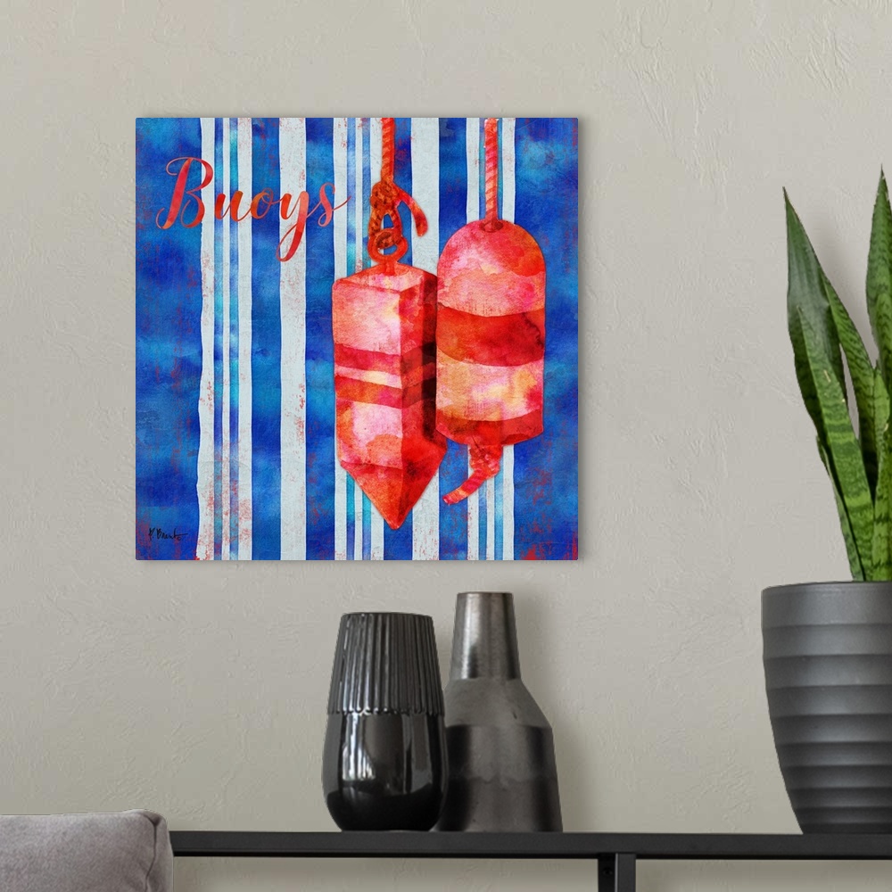 A modern room featuring Square nautical decor in red, white, and blue with illustrated buoys in the center and "Buoys" wr...