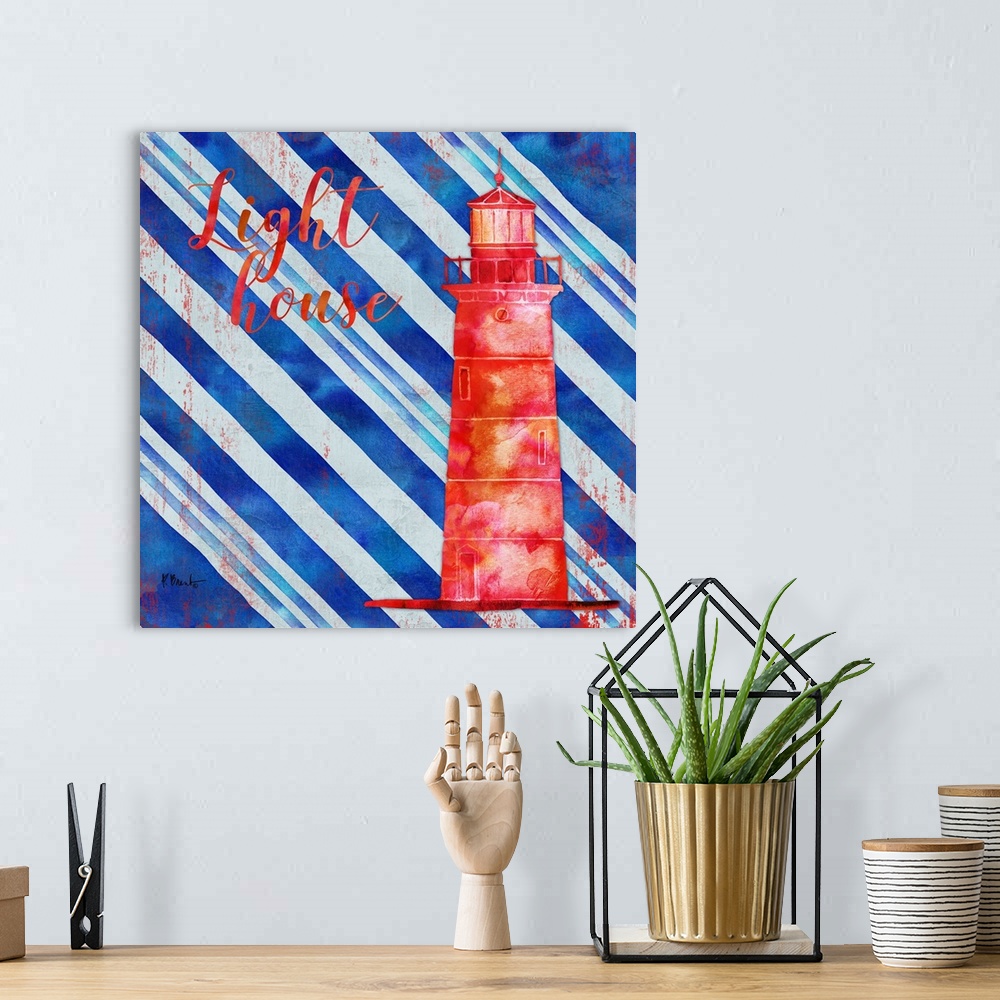 A bohemian room featuring Square nautical decor in red, white, and blue with an illustrated lighthouse in the center and "L...
