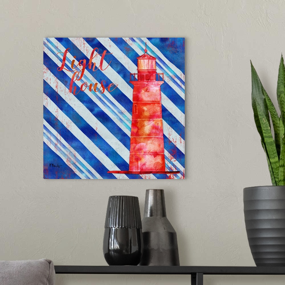 A modern room featuring Square nautical decor in red, white, and blue with an illustrated lighthouse in the center and "L...