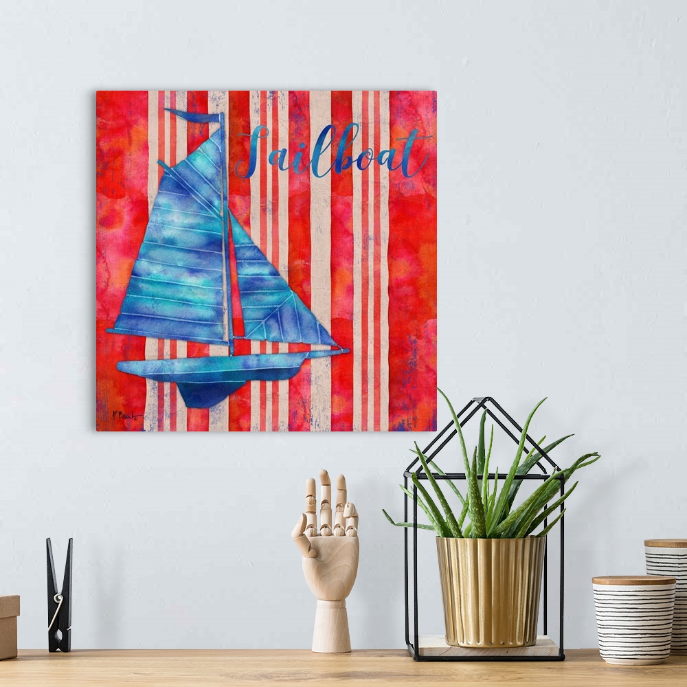 A bohemian room featuring Square nautical decor in red, white, and blue with an illustrated sailboat in the center and "Sai...