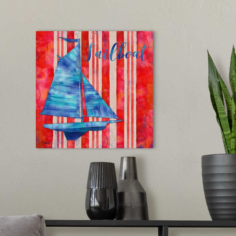 A modern room featuring Square nautical decor in red, white, and blue with an illustrated sailboat in the center and "Sai...