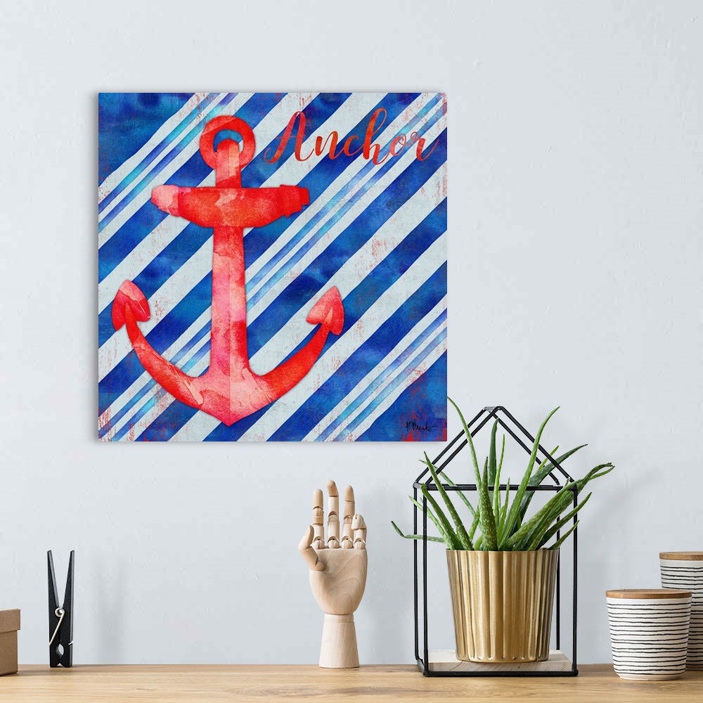 A bohemian room featuring Square nautical decor in red, white, and blue with an illustrated anchor in the center and "Ancho...