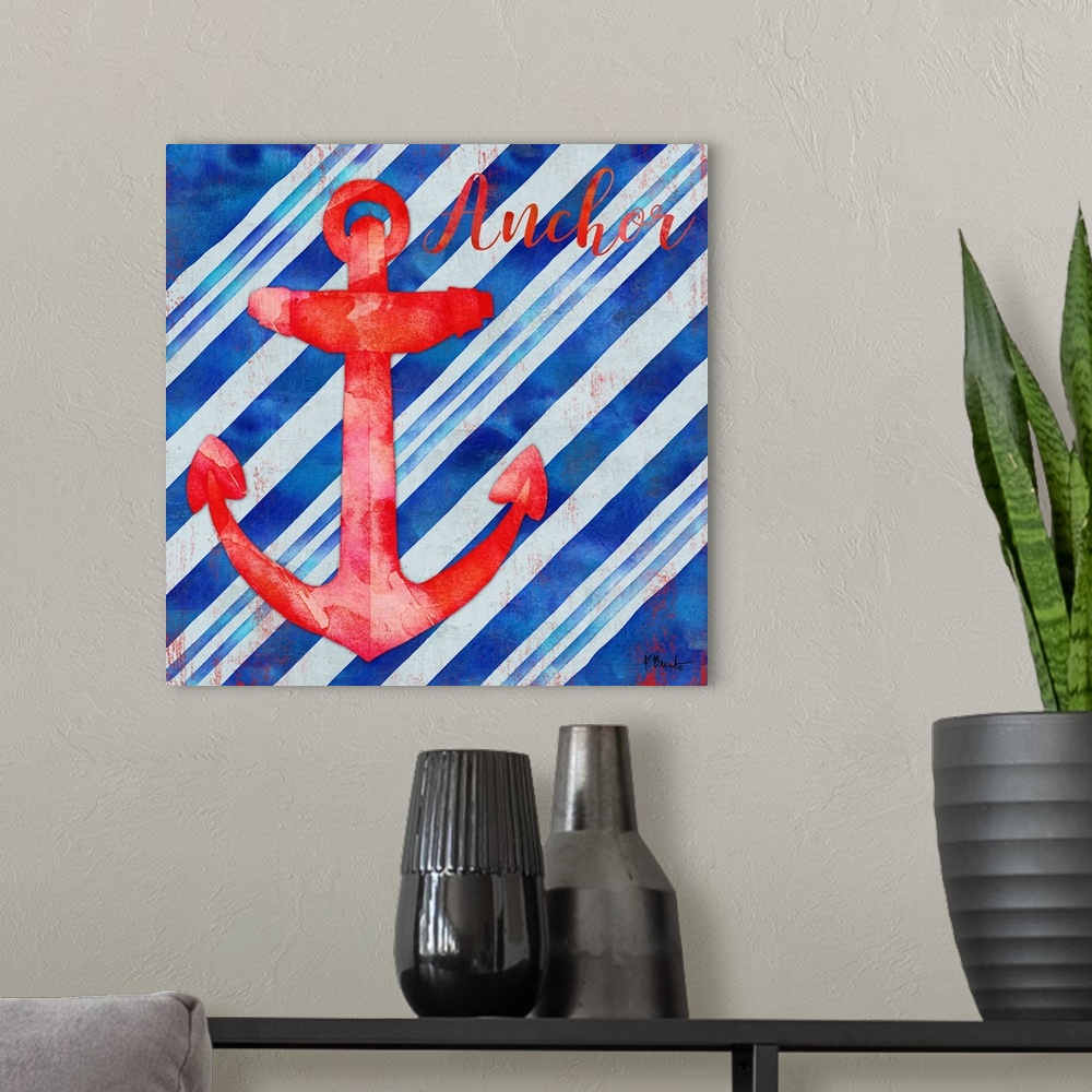 A modern room featuring Square nautical decor in red, white, and blue with an illustrated anchor in the center and "Ancho...