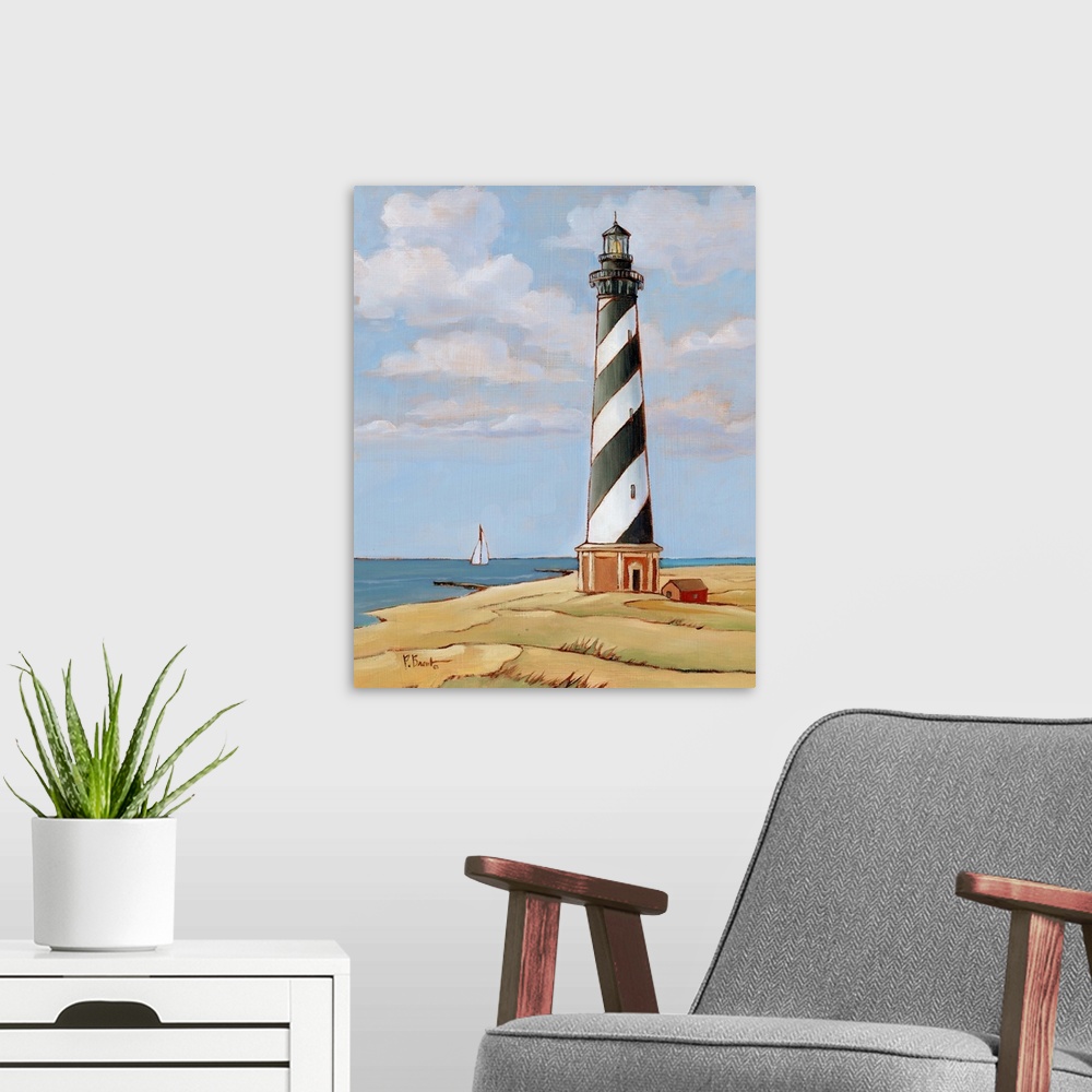 A modern room featuring Painting of the striped Cape Hatteras lighthouse on the Outer Banks against a cloudy sky.