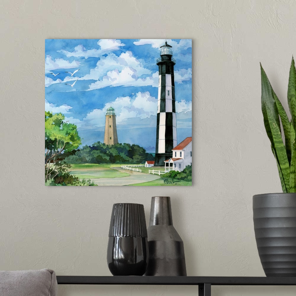 A modern room featuring Watercolor painting of a black and white striped lighthouse in Virginia.