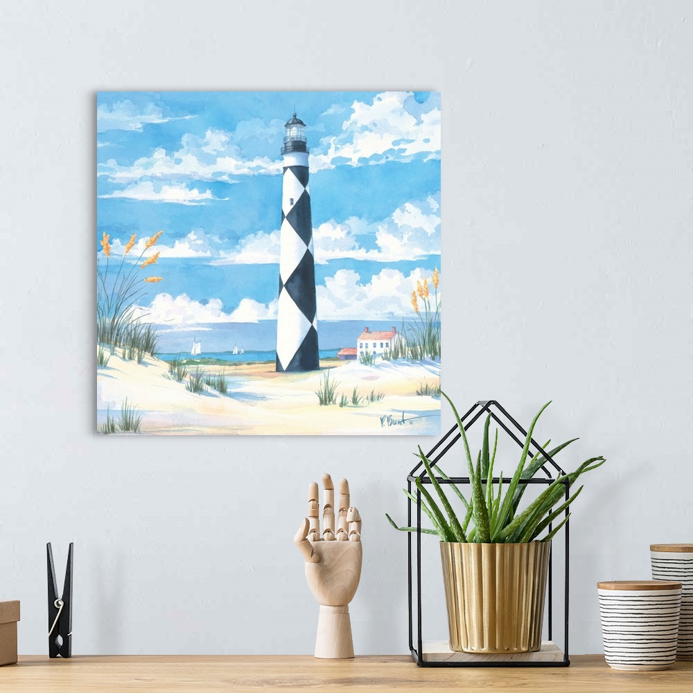 A bohemian room featuring Watercolor painting of a lighthouse painted with a diamond pattern on a sandy beach.