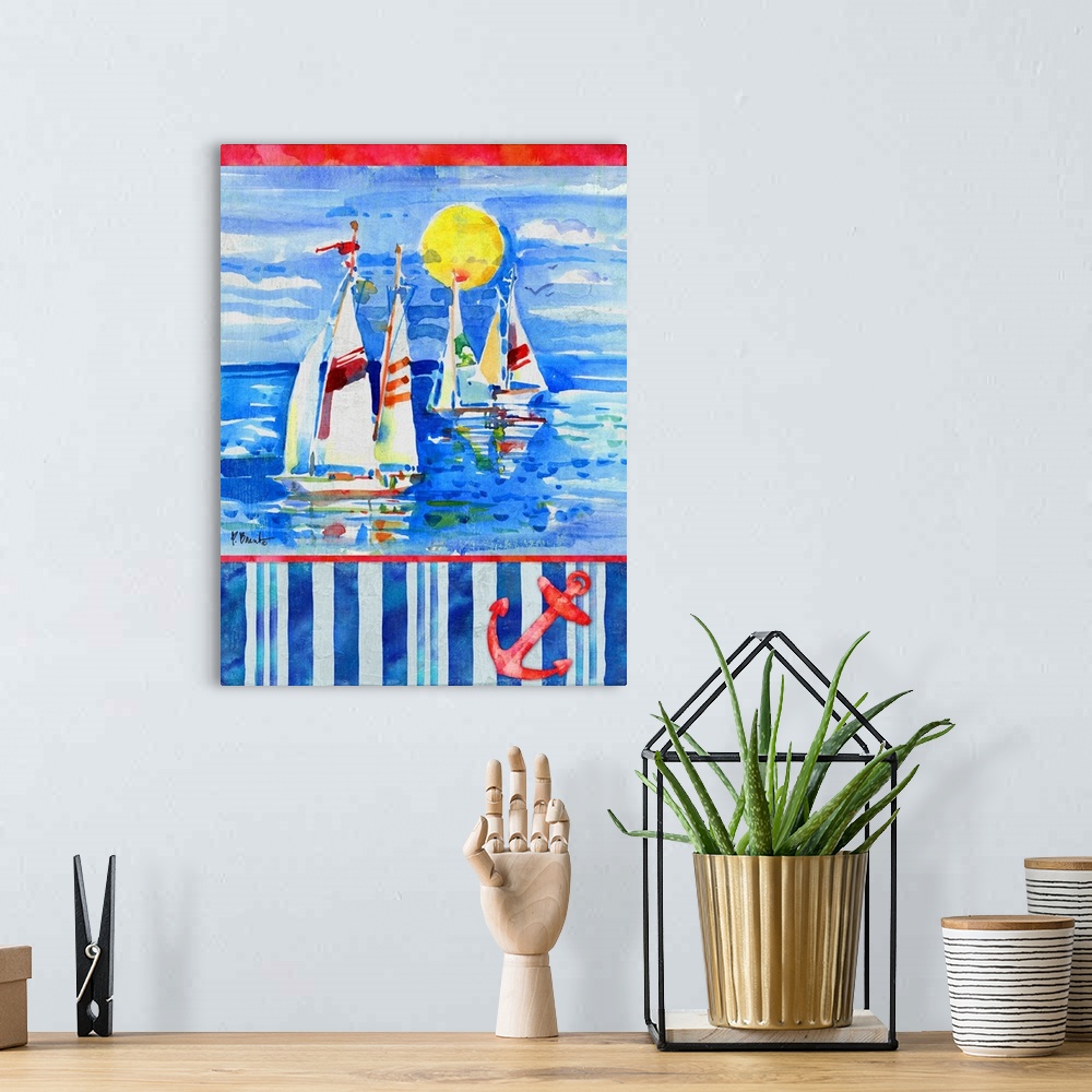 A bohemian room featuring Watercolor painting of sailboats in the ocean with a striped bottom and an illustration of an anc...