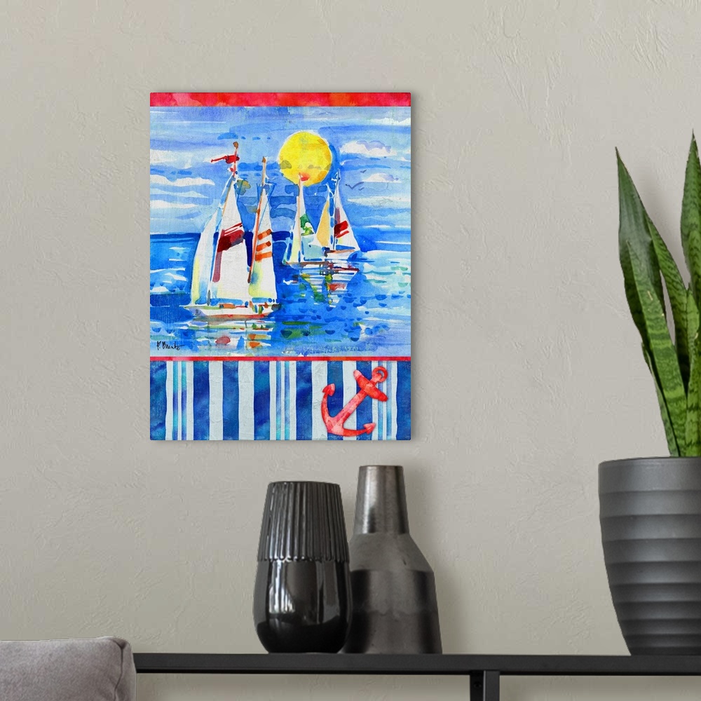 A modern room featuring Watercolor painting of sailboats in the ocean with a striped bottom and an illustration of an anc...