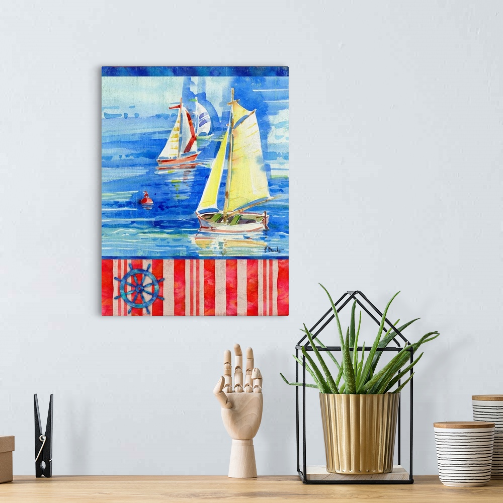 A bohemian room featuring Watercolor painting of sailboats in the ocean with a striped bottom and an illustration of a whee...