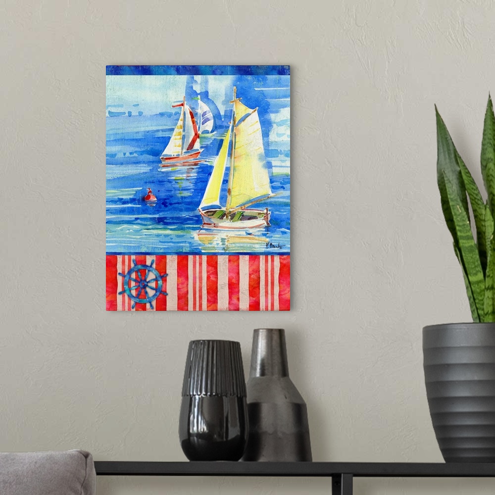 A modern room featuring Watercolor painting of sailboats in the ocean with a striped bottom and an illustration of a whee...