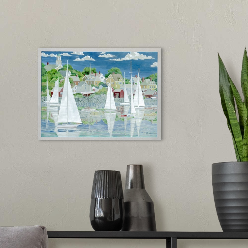 A modern room featuring Contemporary painting of several sailboats reflected on the water by coastal houses.