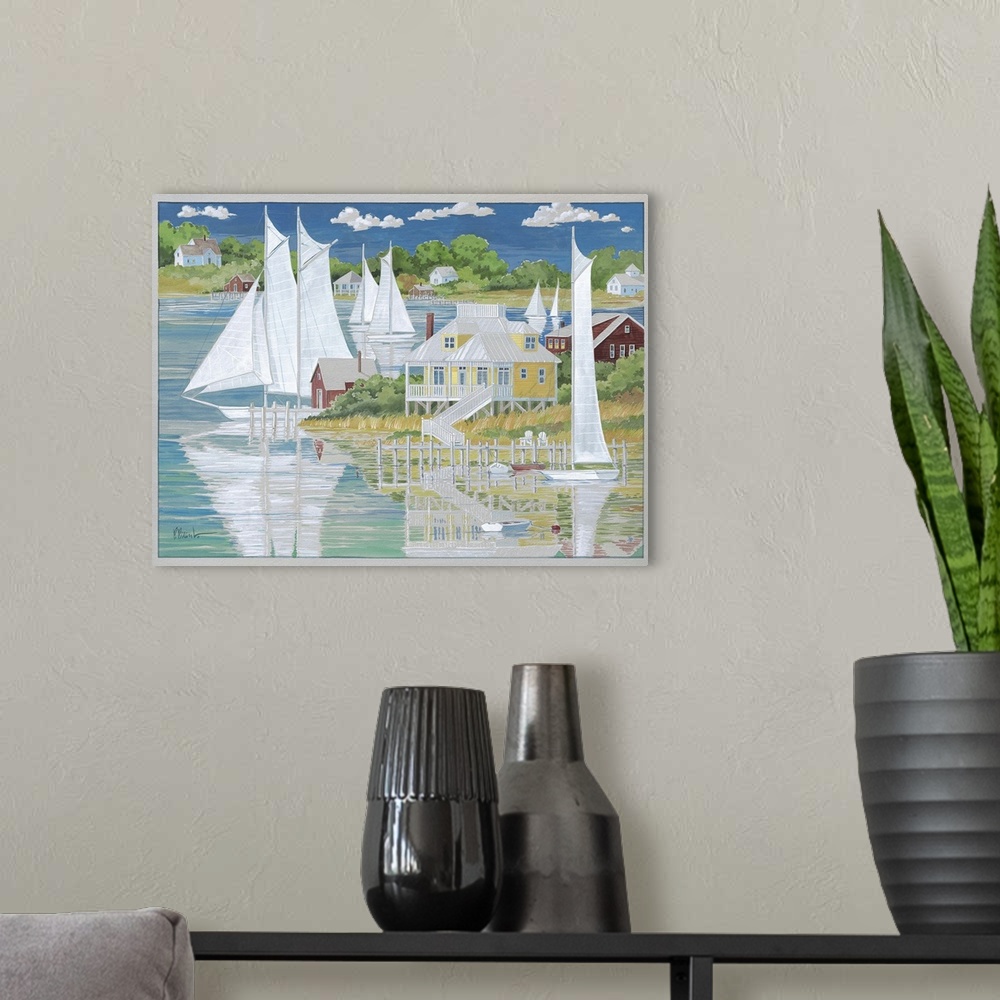 A modern room featuring Contemporary painting of several sailboats reflected on the water by coastal houses.