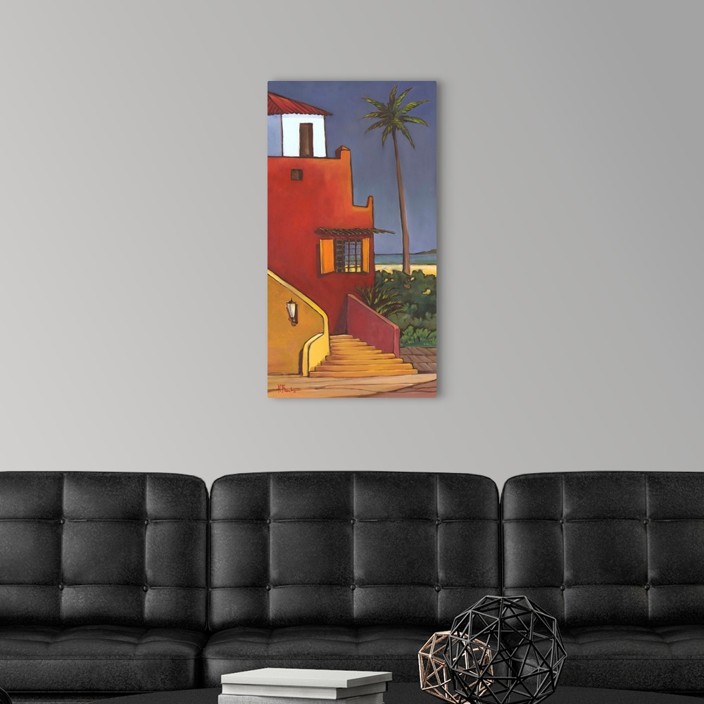 A modern room featuring Brightly colored painting of a Caribbean house with adobe walls and a palm tree.