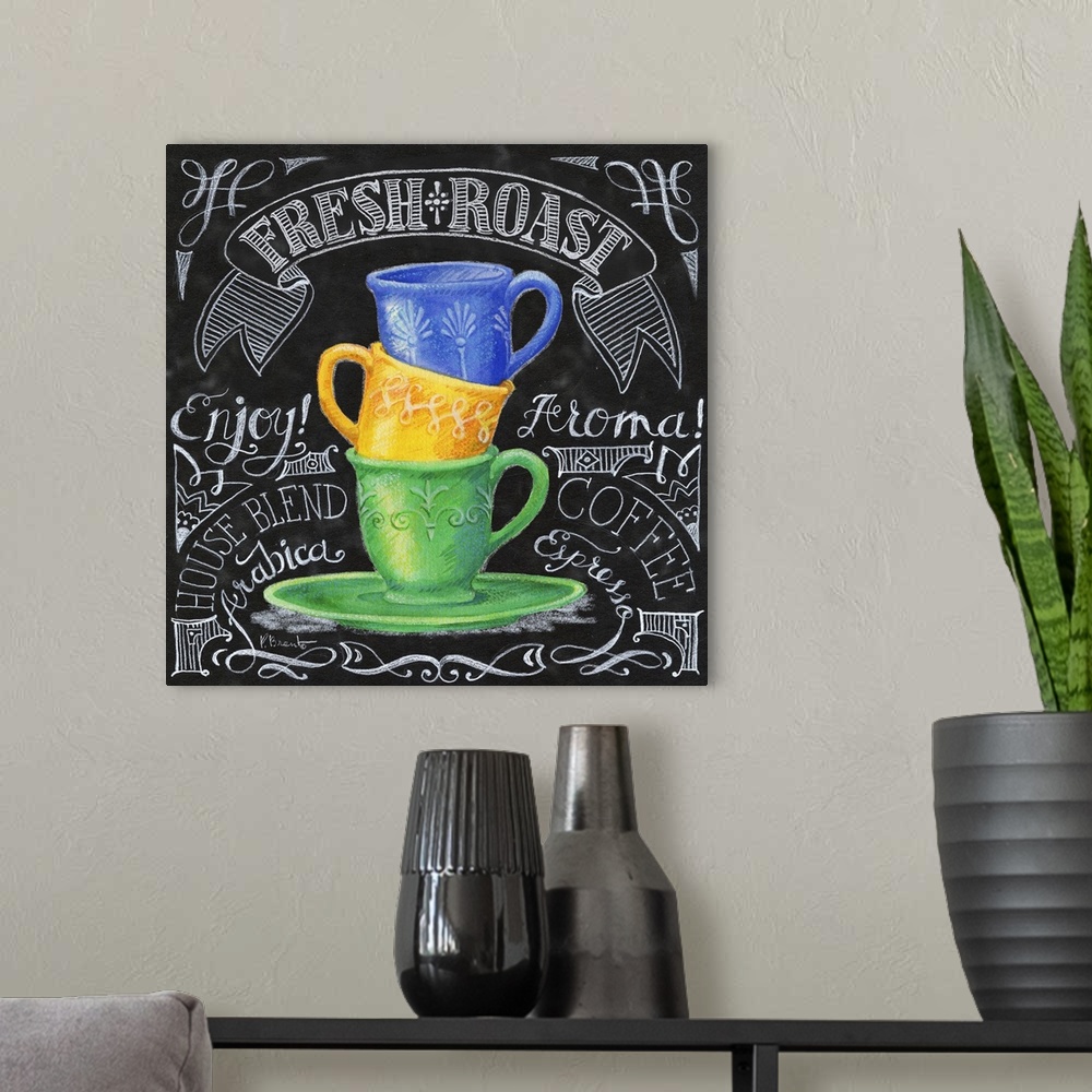 A modern room featuring Three coffee cups in a stack on a chalkboard style panel decorated with handwritten coffee-themed...