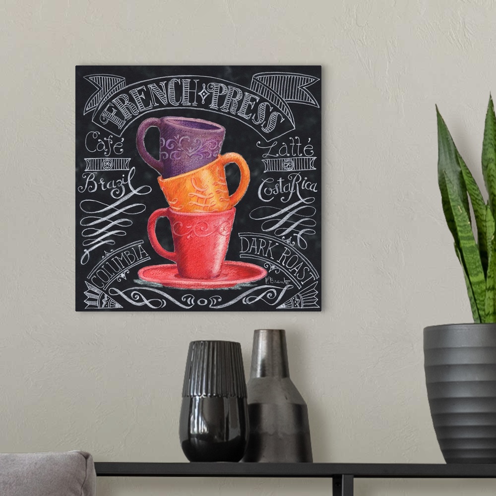 A modern room featuring Three coffee cups in a stack on a chalkboard style panel decorated with handwritten coffee-themed...