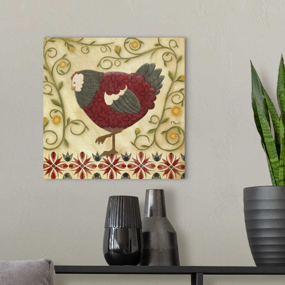 A modern room featuring Folk art style illustration of a hen surrounded by curling vines.