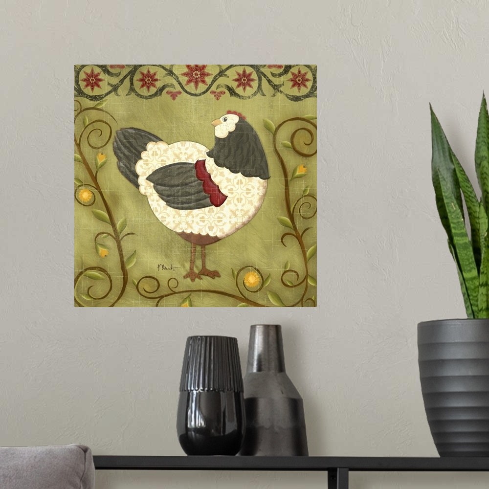 A modern room featuring Folk art style illustration of a hen surrounded by curling vines.