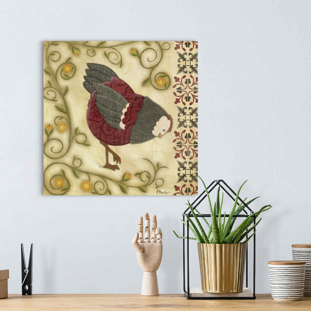 A bohemian room featuring Folk art style illustration of a hen surrounded by curling vines.