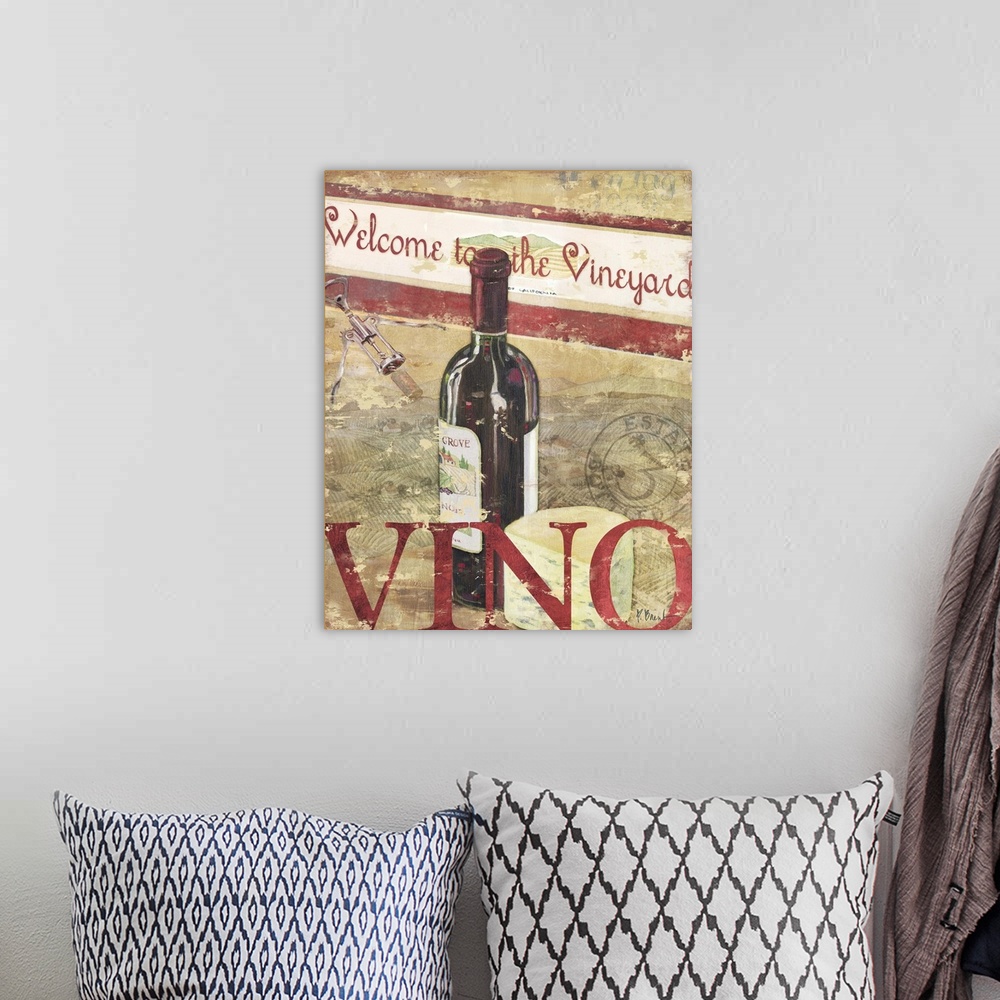 A bohemian room featuring Welcome sign featuring a bottle of red wine and cheese, with the word Vino.