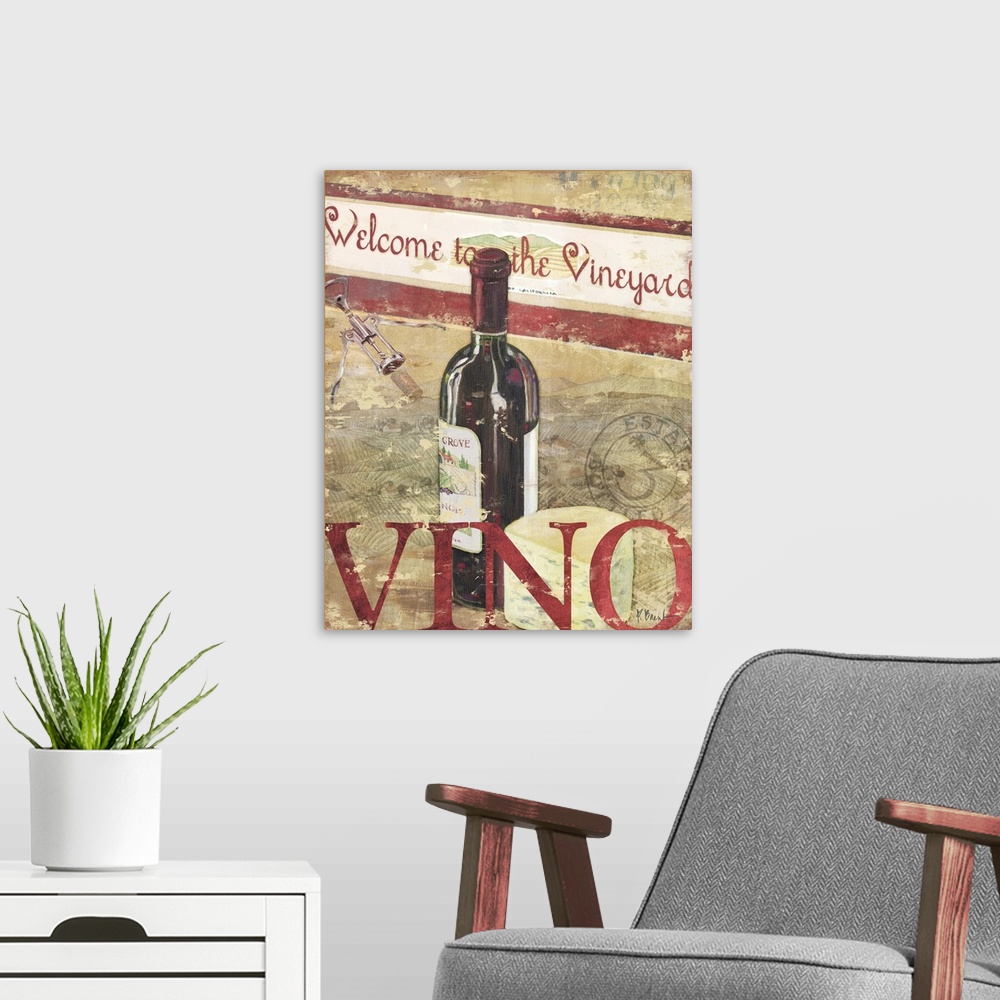 A modern room featuring Welcome sign featuring a bottle of red wine and cheese, with the word Vino.