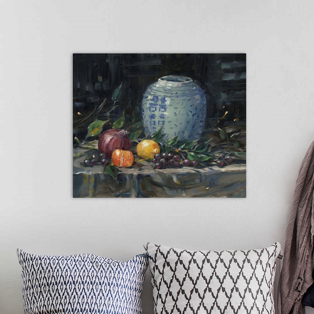 A bohemian room featuring Still life painting of a Chinese urn with fruit.