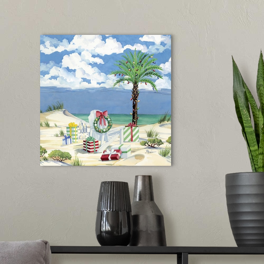 A modern room featuring Watercolor painting of Christmas presents on a tropical beach with a palm tree.