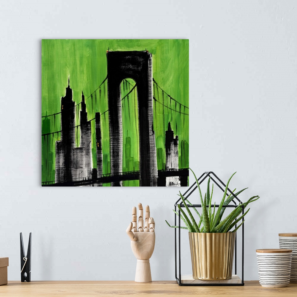 A bohemian room featuring Semi-abstract painting of silhouetted skyscrapers and bridge against a brightly colored sky.