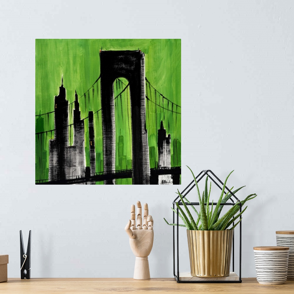 A bohemian room featuring Semi-abstract painting of silhouetted skyscrapers and bridge against a brightly colored sky.